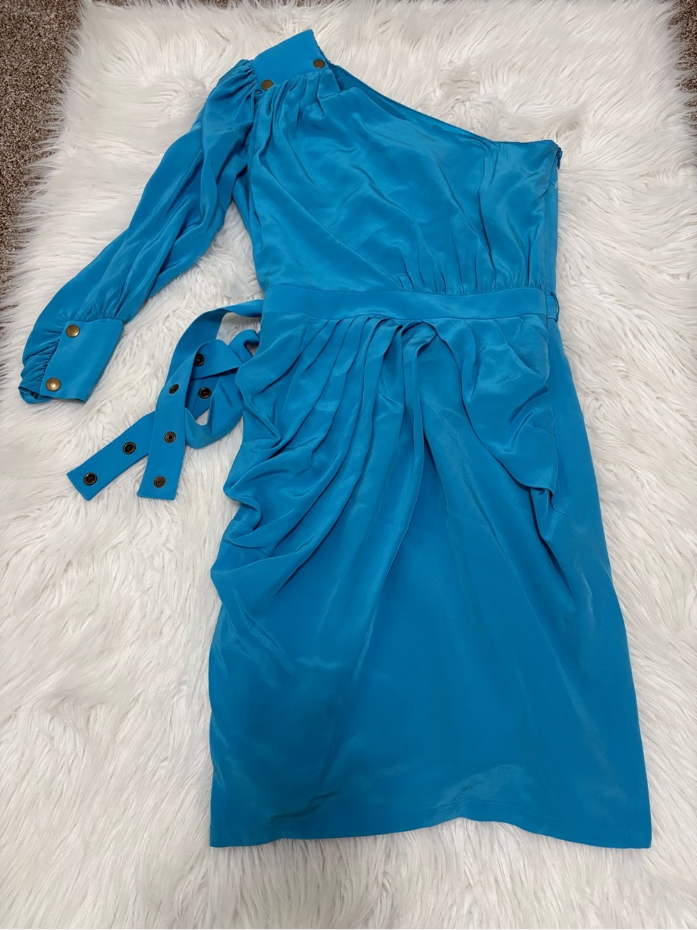 Hunter Dixon Silk Glam Uptown Chic One-Shoulder Turquoise Blue Cocktail Dress